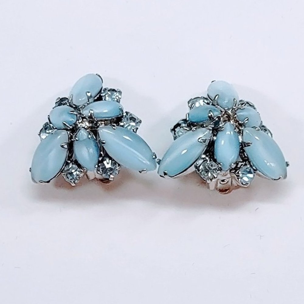 Vintage Blue Moonstone and Rhinestone Art Glass Cluster Domed Clip On Earrings